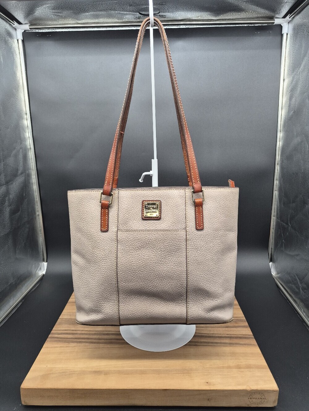 Dooney & Bourke Taupe Pebbled Leather Tote with Brown Handles & Key Fob, 12x10x4